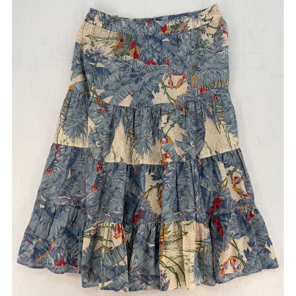 Vintage Tropical Tiered Midi Skirt Blue Floral Parrot Boho Resort Large